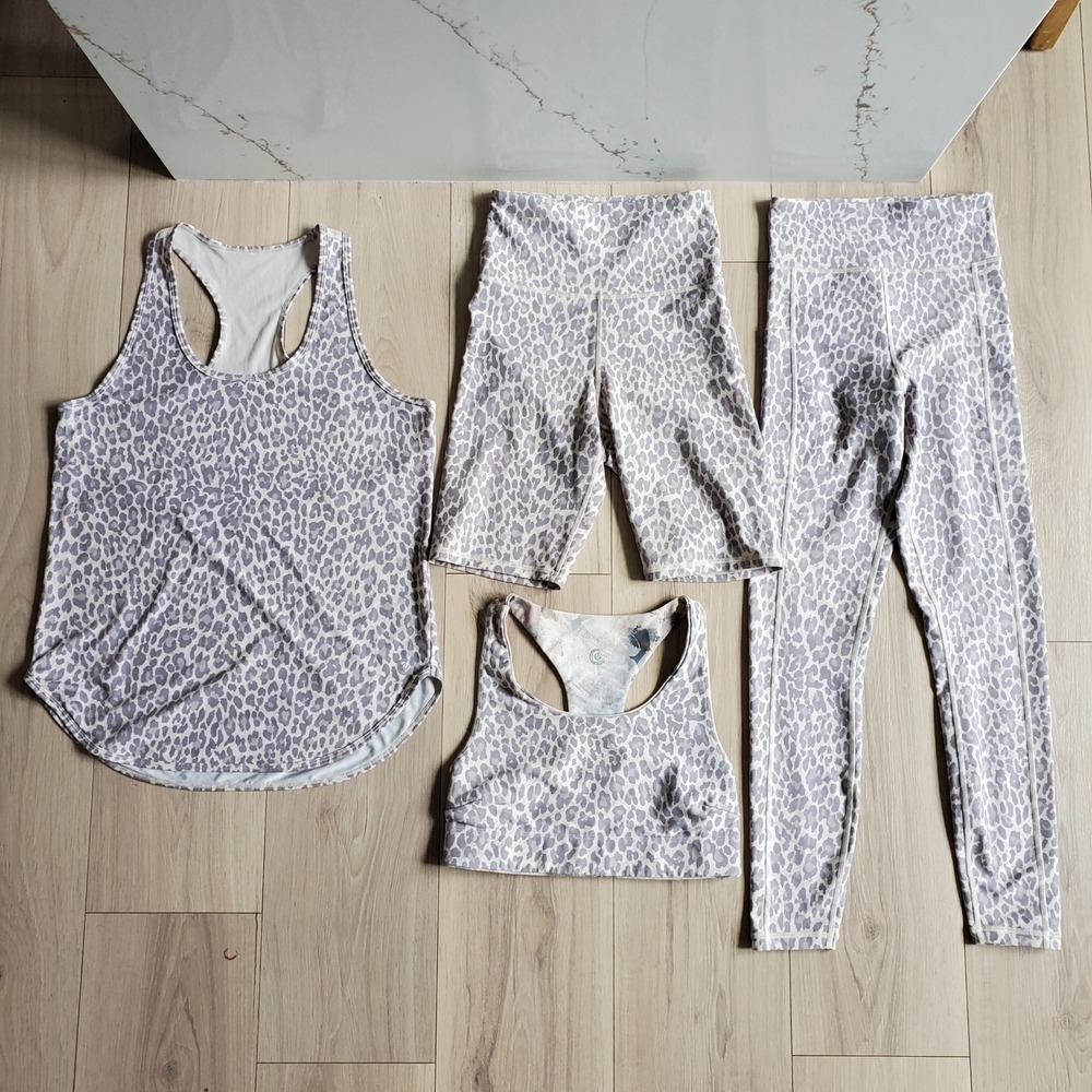 Johnny Was Calme Leopard Activewear Set Womens XS Neutral 4 Pc Yoga Gym Outfit